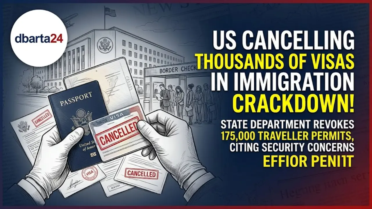 Official US visa document background representing the nationwide visa revocation policy by the US State Department