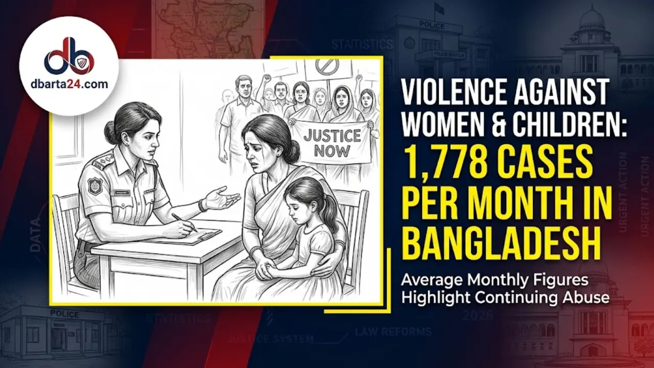 Infographic illustrating the statistics of legal cases and low conviction rates in violence against women and children cases in Bangladesh.