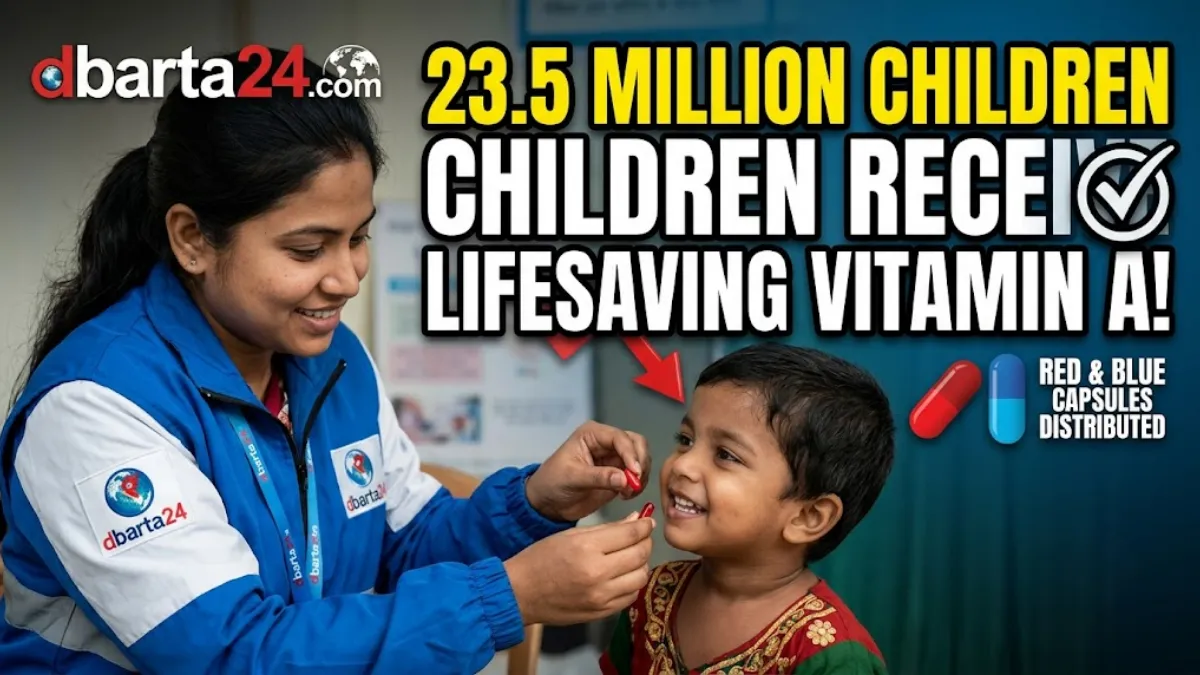 A young Bangladeshi child receives a Vitamin A capsule from a trained health worker at a community clinic center.