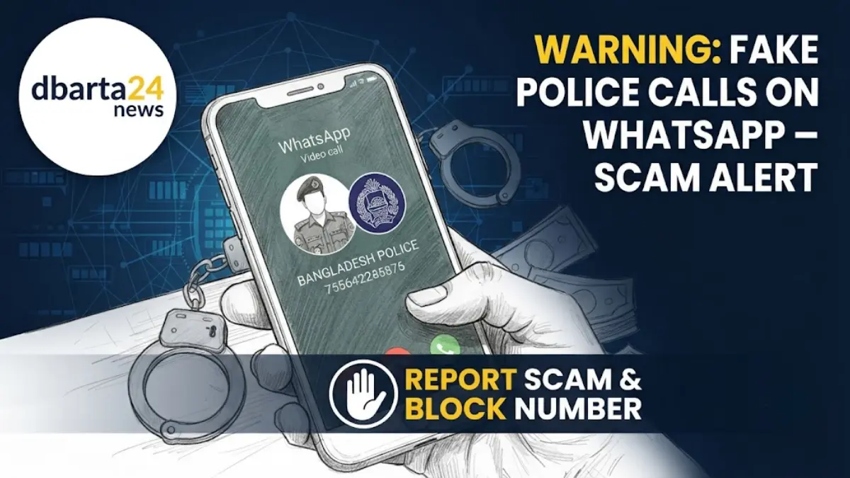 A smartphone displaying a suspicious WhatsApp call from a fake law enforcement profile, symbolizing cyber fraud in Bangladesh.