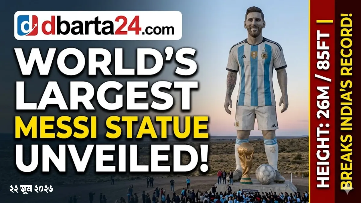 The newly unveiled gigantic 26-meter Lionel Messi statue in Cutral Có, Argentina, featuring the national jersey and the World Cup trophy.