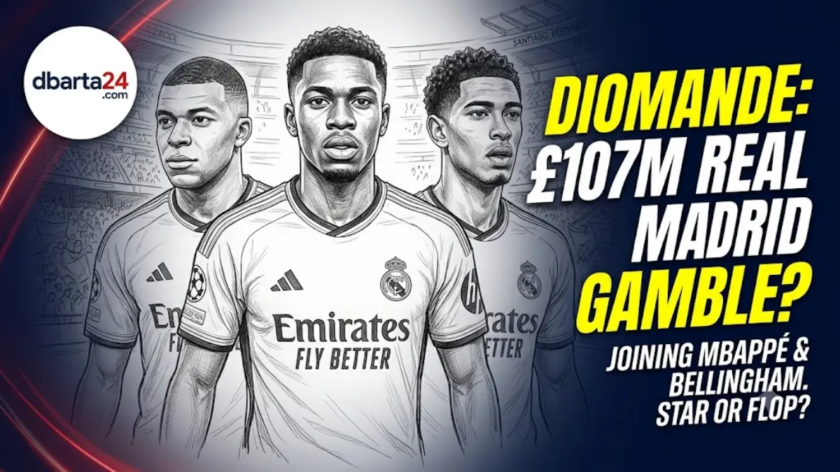 Yan Diomande poses in a Real Madrid kit following his £107m transfer from RB Leipzig.