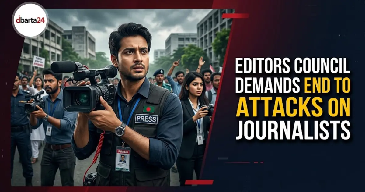 Press freedom and media safety in Bangladesh concept image showing journalists reporting under risk.