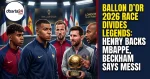 Golden Ballon d'Or trophy with portraits of 2026 contenders Kylian Mbappe, Lamine Yamal, Harry Kane, and Lionel Messi.