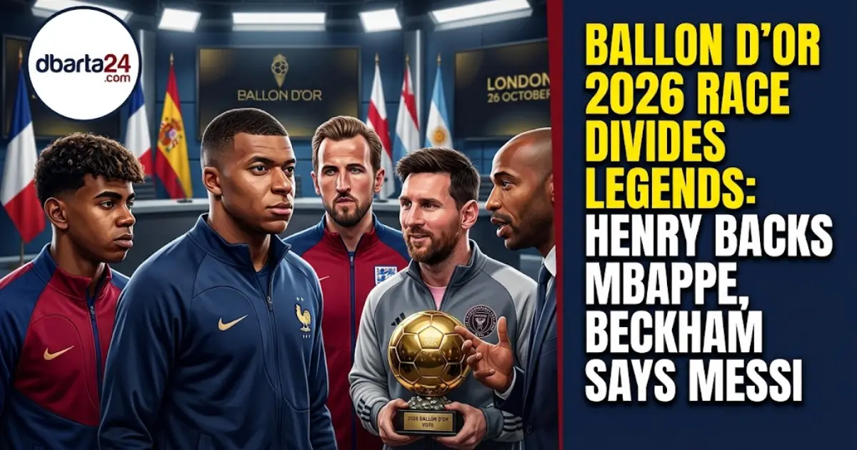 Golden Ballon d'Or trophy with portraits of 2026 contenders Kylian Mbappe, Lamine Yamal, Harry Kane, and Lionel Messi.