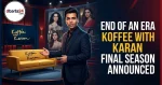 Karan Johar on the set of Koffee with Karan talking show couch surrounded by Bollywood celebrity posters