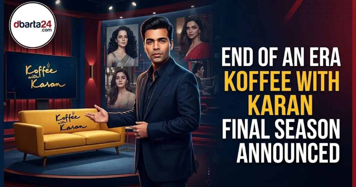 Karan Johar on the set of Koffee with Karan talking show couch surrounded by Bollywood celebrity posters