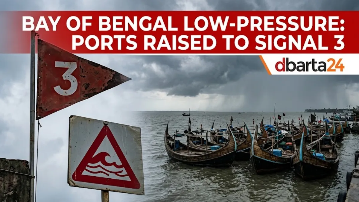 Fishing boats docked safely near the Bangladesh coastline amid stormy maritime weather conditions.