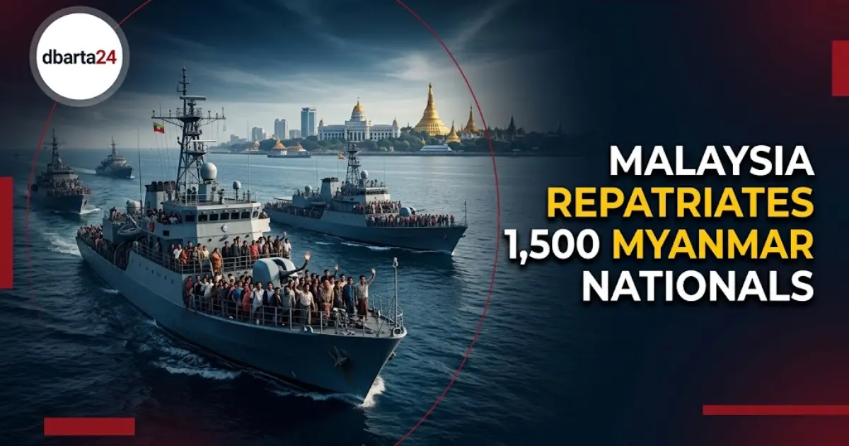 Myanmar Navy vessels carrying repatriated Myanmar citizens from Malaysia back to Yangon Port.