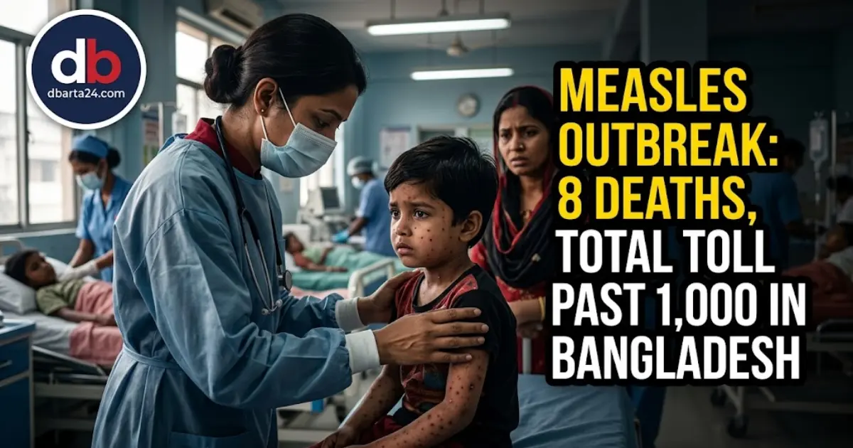 A healthcare worker examining a child suffering from fever and skin rash symptoms related to measles in a hospital setting.