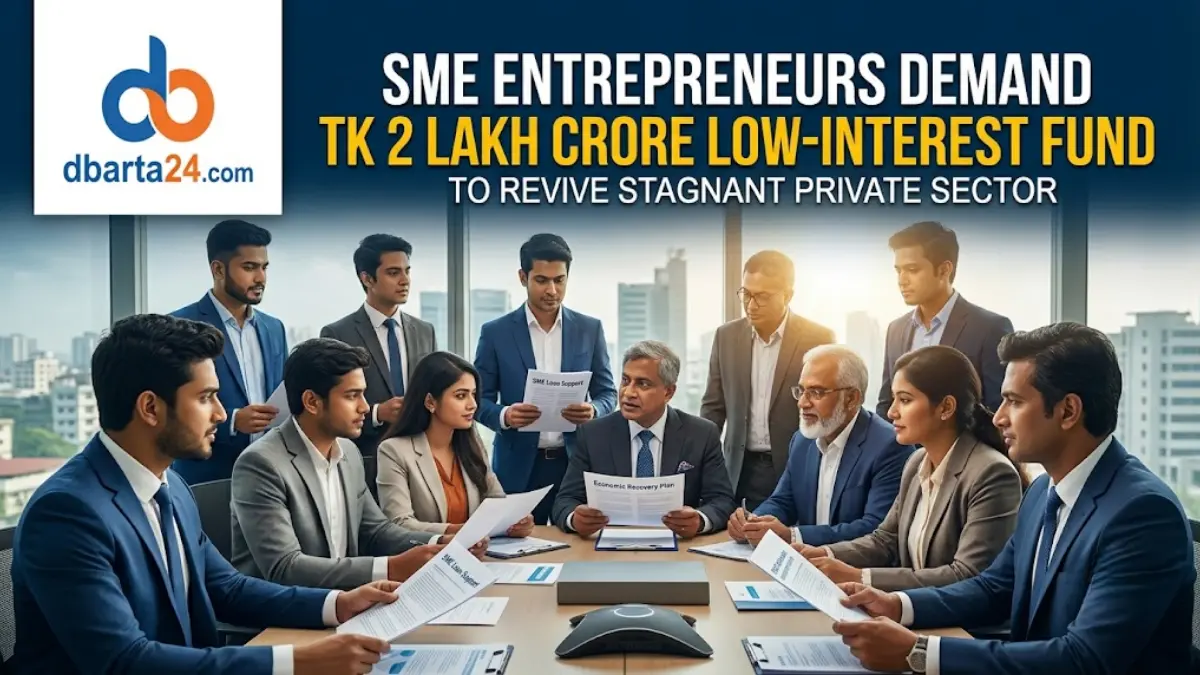 Bangladeshi business entrepreneurs discussing financial recovery and bank credit support in Dhaka