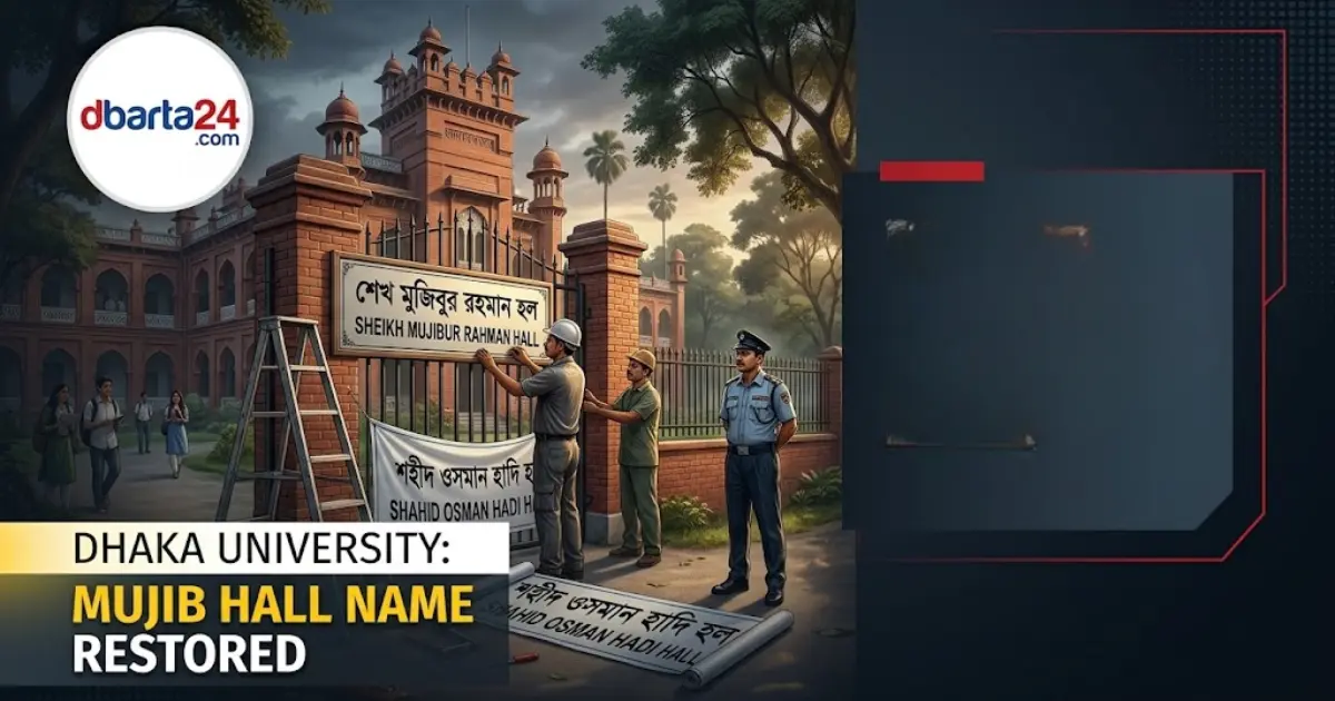 Workers restoring the Sheikh Mujibur Rahman Hall sign at Dhaka University entrance gate.