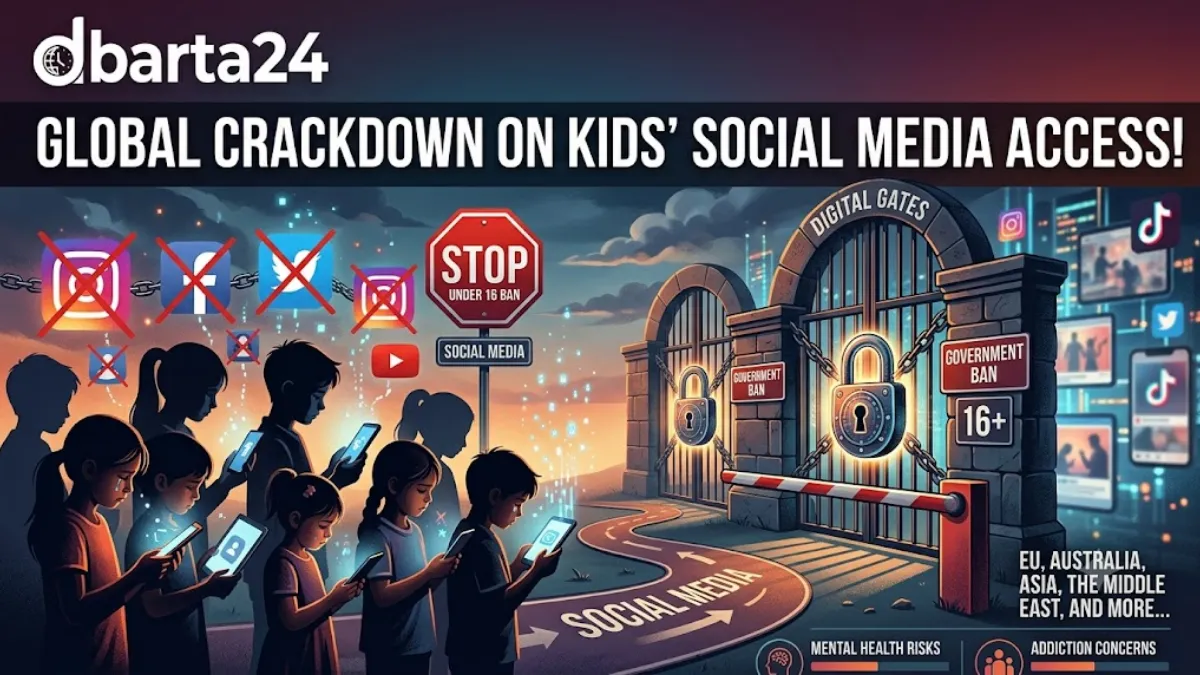smartphone screen displaying blocked social media apps next to a warning sign, symbolizing global age restriction laws for children.